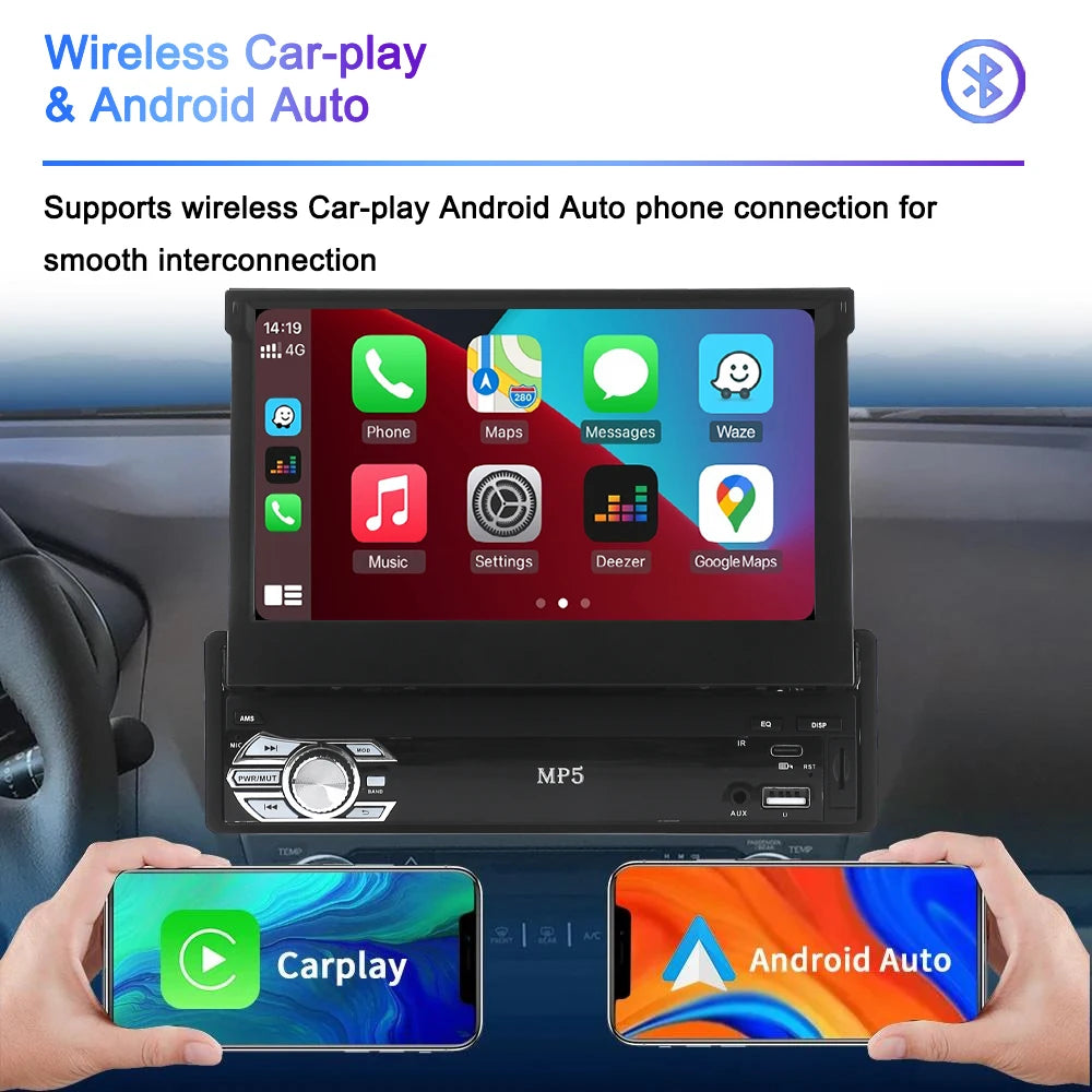 Universal 1 Din MP5 Player 7 Inch Carplay Android Auto Manual Automatic Retractable Touch Screen Car Player FM Radio Mirror Link