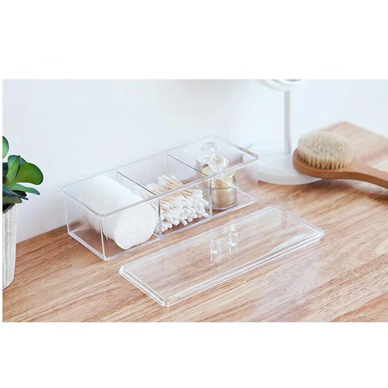 1pc Transparent Cosmetic Storage Box Acrylic Make Up Organizer Three Grid Cotton Swab Cotton Pad Storage Box Home Organization