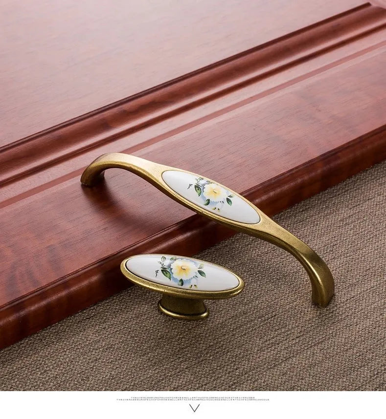 European Green Flower Ceramic Handles Kitchen Cabinet Storage Dressers Classic Wardrobe Cabinet Single Hole Closet Door Pulls