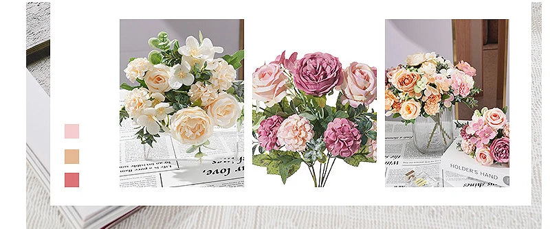 7 Heads Artificial Flowers Silk Peony Rose Hydrangea Bouquet Home Decorations Party Wedding Bride Fake Plants