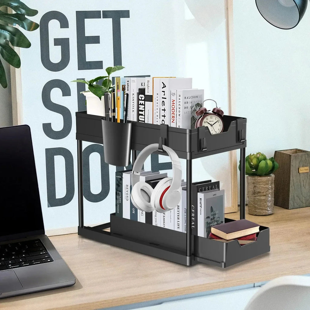 2 Tier Under Sink Organizer Sliding Cabinet Basket Organizer Storage Rack with Hooks Hanging Cup Bathroom Kitchen Organizer