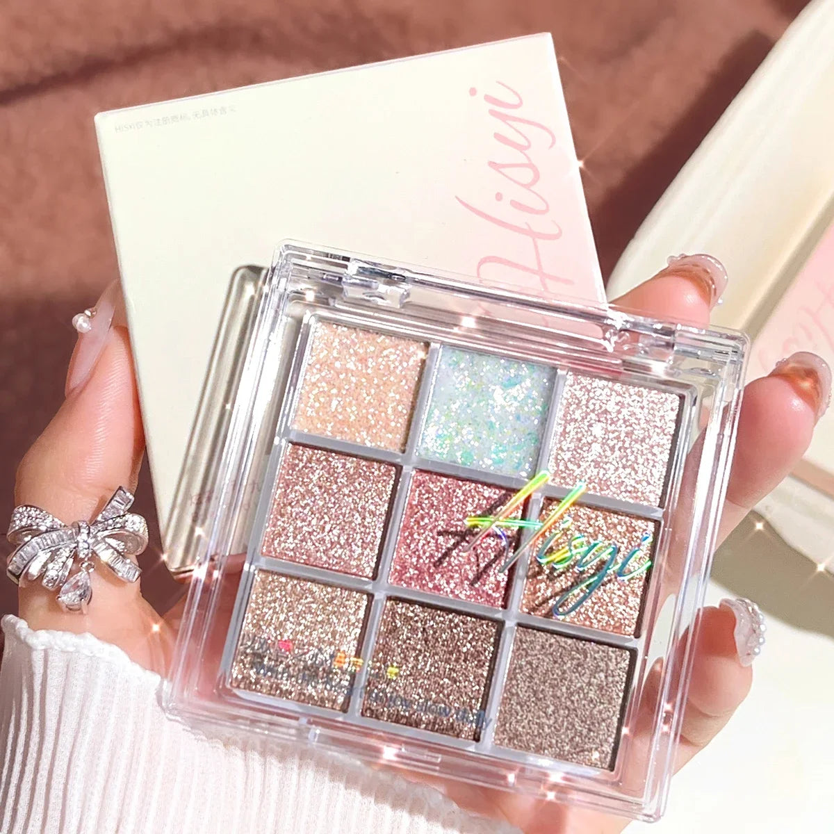 Nine-Color Eyeshadow Palette with Pearl, Fine Sparkle, Layerable Shimmer, Bright Glitter, and Vibrant Colors New