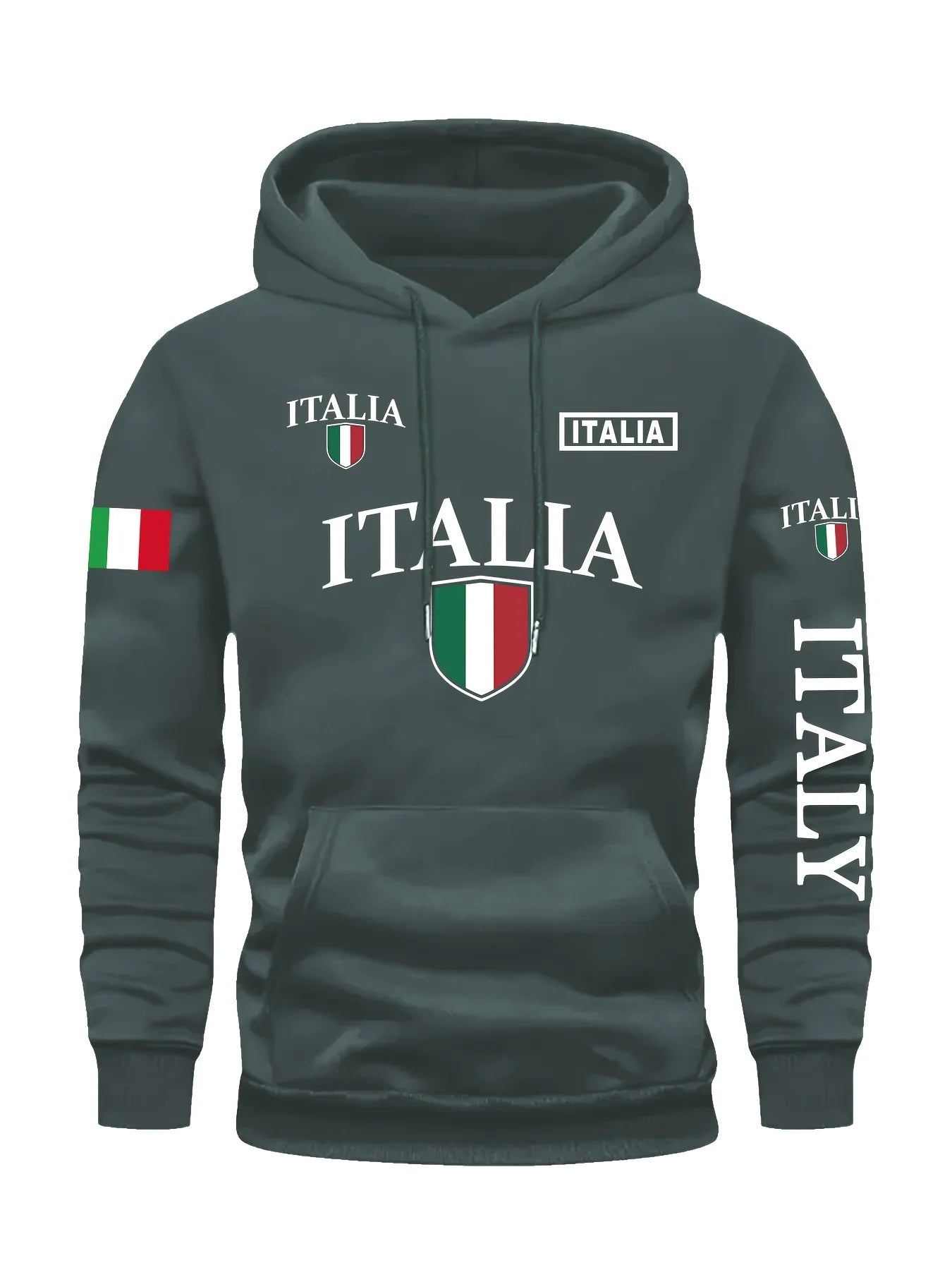 Men's Italy Flag Shield Bold ITALY Letter Print Hoodie Grey Casual Pullover Front Pocket Ribbed Cuffs Comfort Fit Urban Fashion