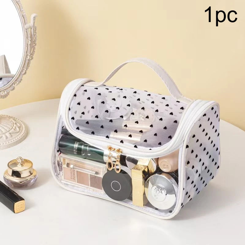 1pc Large Capacity Heart Mesh Makeup Bag Frosted Transparent Cosmetic Toiletry Organizer Travel Pouch for Office Home or Daily