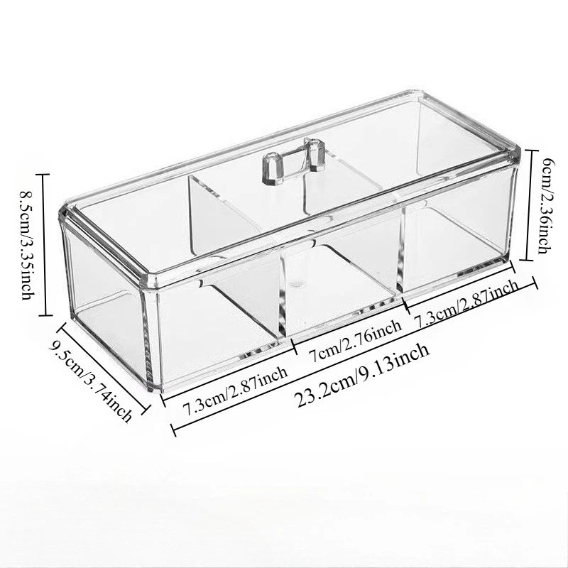 1pc Transparent Cosmetic Storage Box Acrylic Make Up Organizer Three Grid Cotton Swab Cotton Pad Storage Box Home Organization