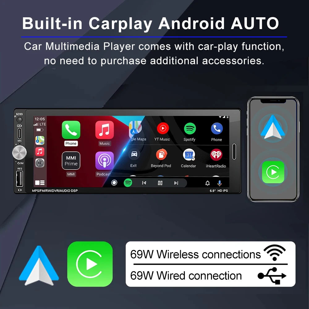 LEHX 6.9 Inch 1DIN Universal MP5 Car Radio Support Wireless Carplay Android AUTO AUX IPS Touch Screen Multimedia Video Player