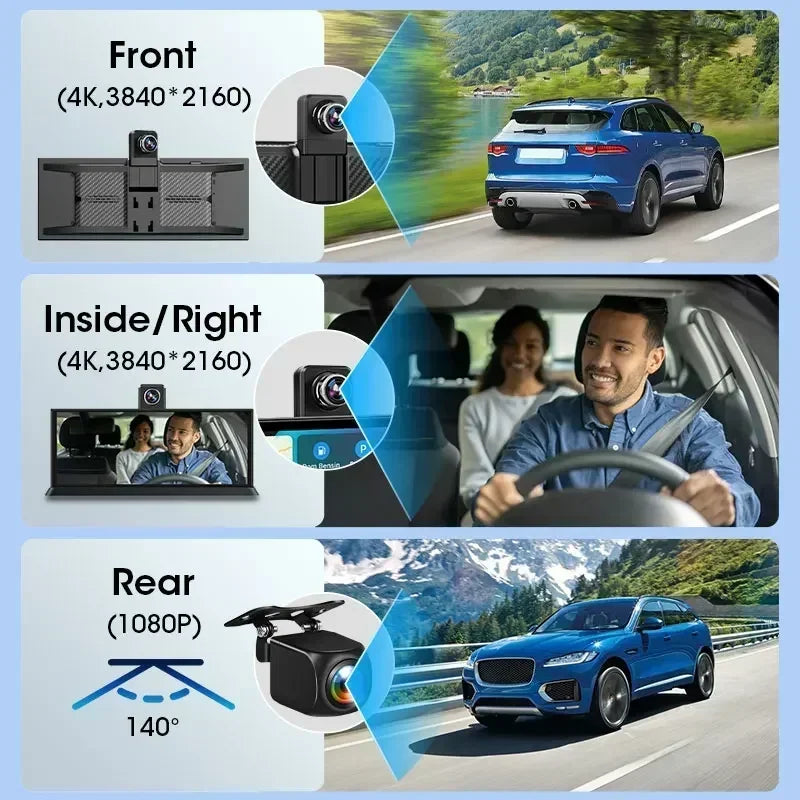 11.3 inch Dashcam 4K 360° Rotating Camera Wireless Carplay Android Auto Dash Cam Video Recorder Dashboard Car DVR FM AUX