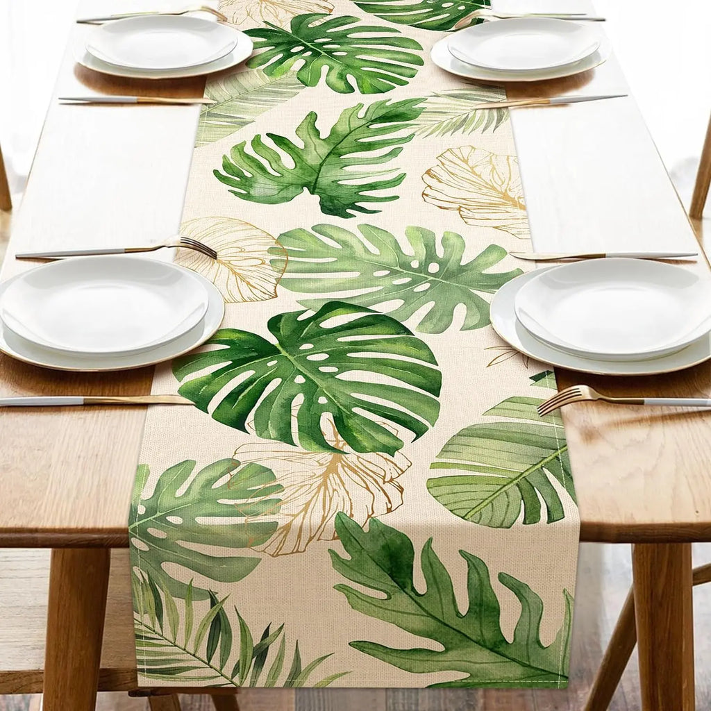 Summer Palm Leaves Tropical Greenery Linen Table Runners Spring Seasonal Home Kitchen Dining Table Decor Outdoor Party Decor
