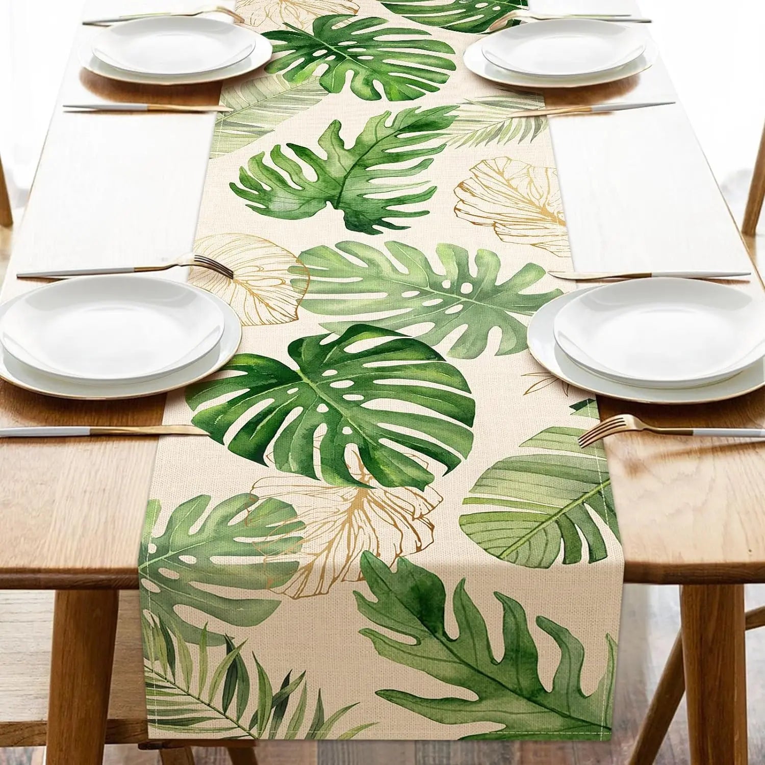 Summer Palm Leaves Tropical Greenery Linen Table Runners Spring Seasonal Home Kitchen Dining Table Decor Outdoor Party Decor