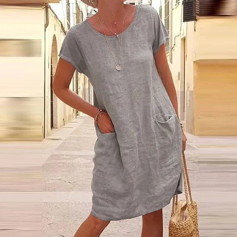 Women's Solid Color Large Pocket Loose Short Sleeved Dress for Summer Comfort