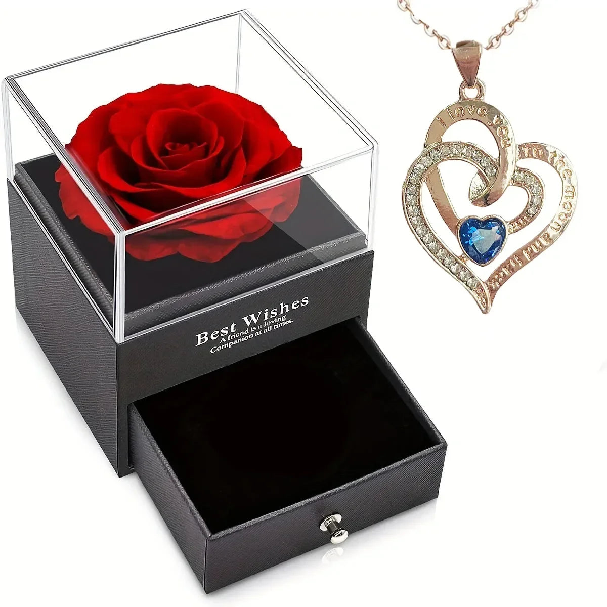 Gift for Girls Women Mother Eternal Rose Gift Box Heart Necklace Love You To The Moon and Back Jewelry Box for Wedding Christmas