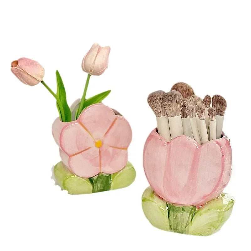 Flower Pen Holder Ceramic Desktop Decoration Desk Office Storage Box Stationery Shelf Storage Tank Living Room Decoration