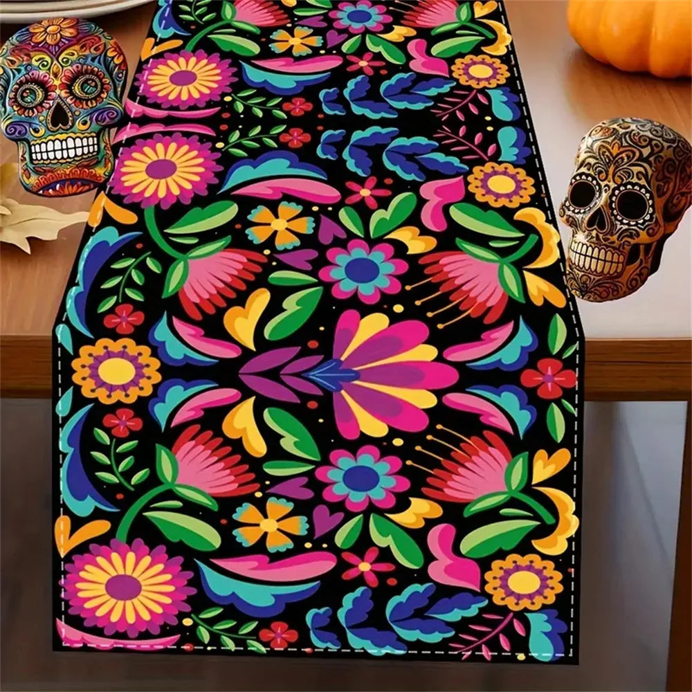 1pc, Table Runner, Festive Mexican Style Table Runner, Polyester Vibrant Day Of The Dead Design, Colorful Home & Party Decor