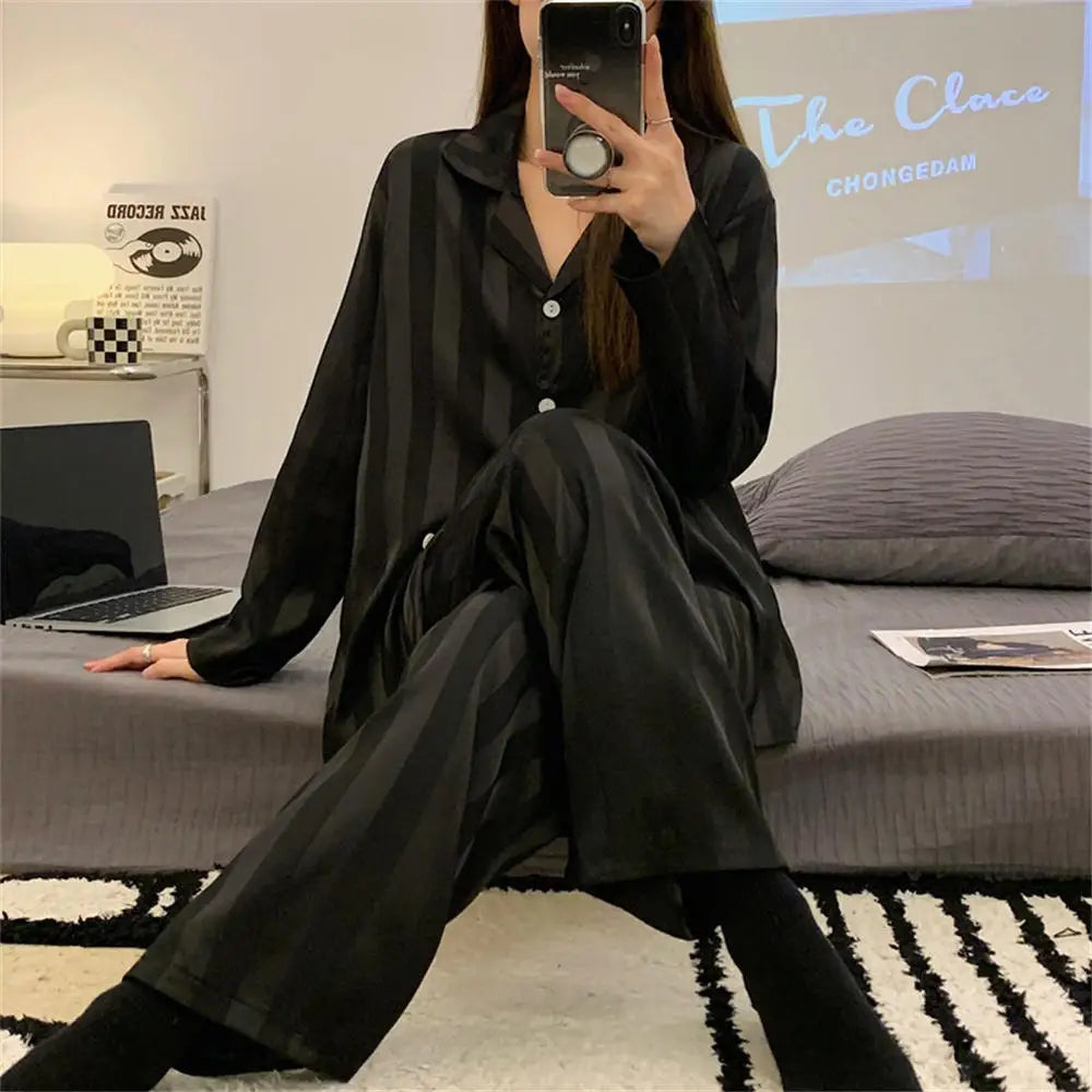 Women's Summer Striped Pajama Set Long Sleeve Top Trousers Silk Satin Home Suit Spring Loose Casual Sleepwear Female Nightwear