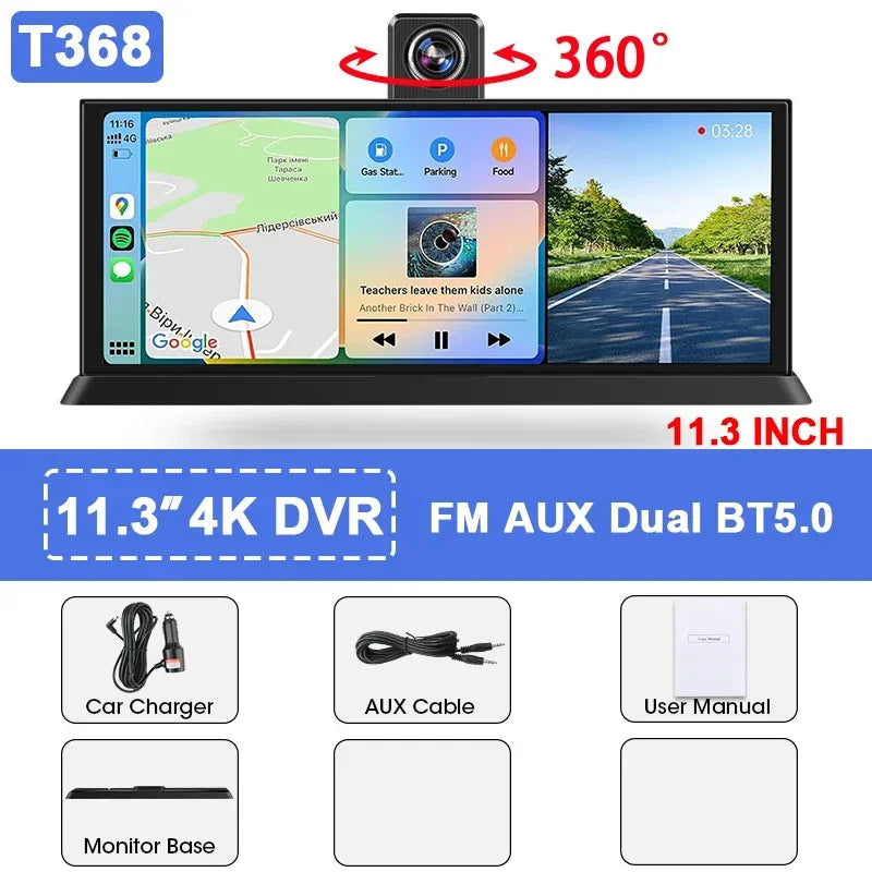 11.3 inch Dashcam 4K 360° Rotating Camera Wireless Carplay Android Auto Dash Cam Video Recorder Dashboard Car DVR FM AUX