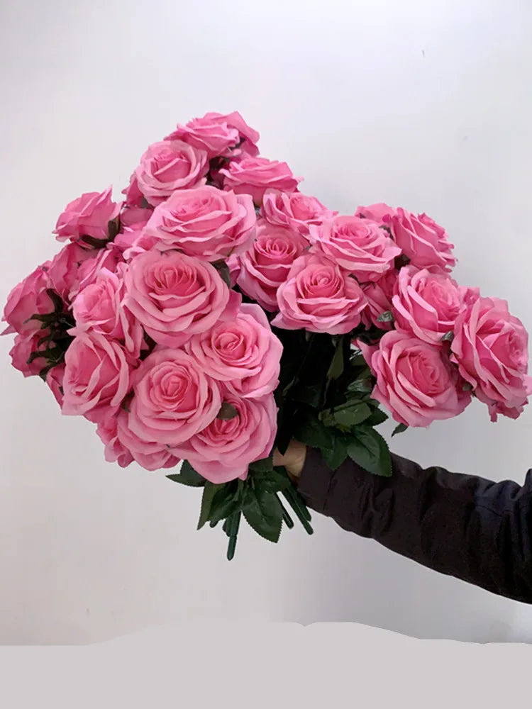 9Heads Roses Bouquet Artificial Flower Hot Pink Deep Pink Rose Fake Rose Living Room Dry Flower Decoration Wedding