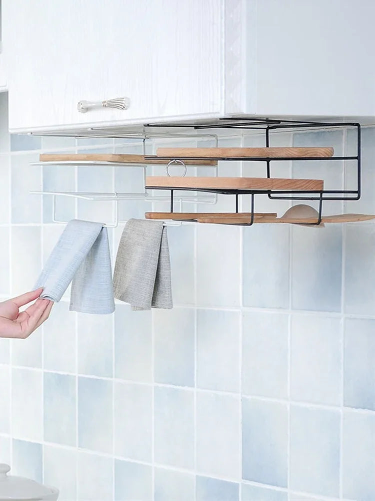 Cutting Board Kitchen Shelf, Double-Layer Perforation-Free Cabinet Hanger, Rag, Cutting Board Storage And Finishing Iron Hanger