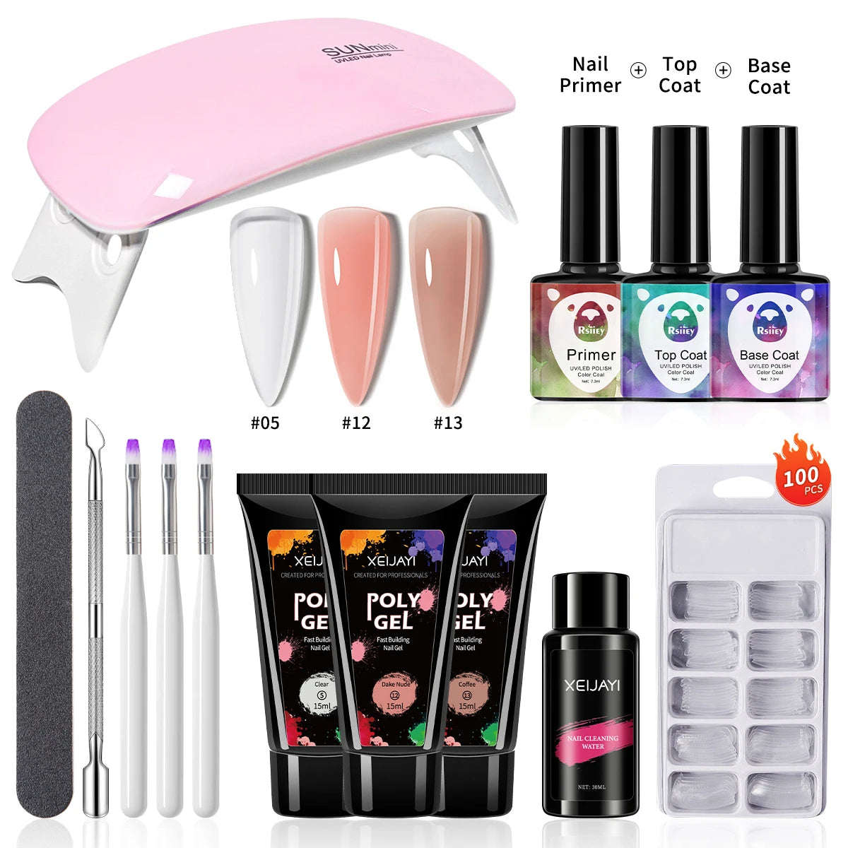 3pcs 15ml Poly Nail Gel Full Set For Extention Gel Polish Steal Push, Base And Top Coat, Cleaning Water And Nail Mold Kit Set