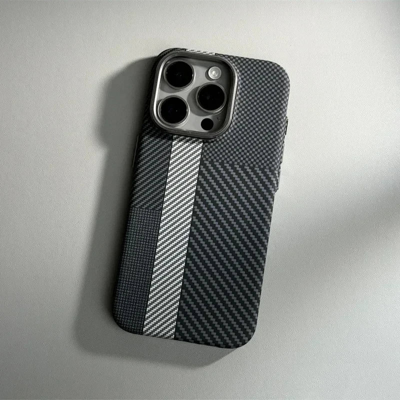 For iPhone 16 15 14 Pro Max Case Carbon Fiber Abstract Geometric MagSafe Cover Magnetic Charging Shell Camera Alloy Armor Fundas
