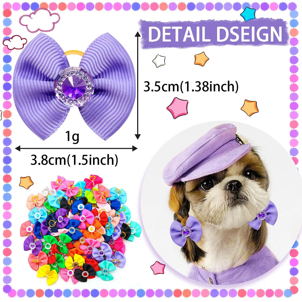 20pcs Dog Hair Bows Dog Bows with Diamond Colorful Grooming Rubber Band for Small Dog Pet Girls Grooming Hair Accessories