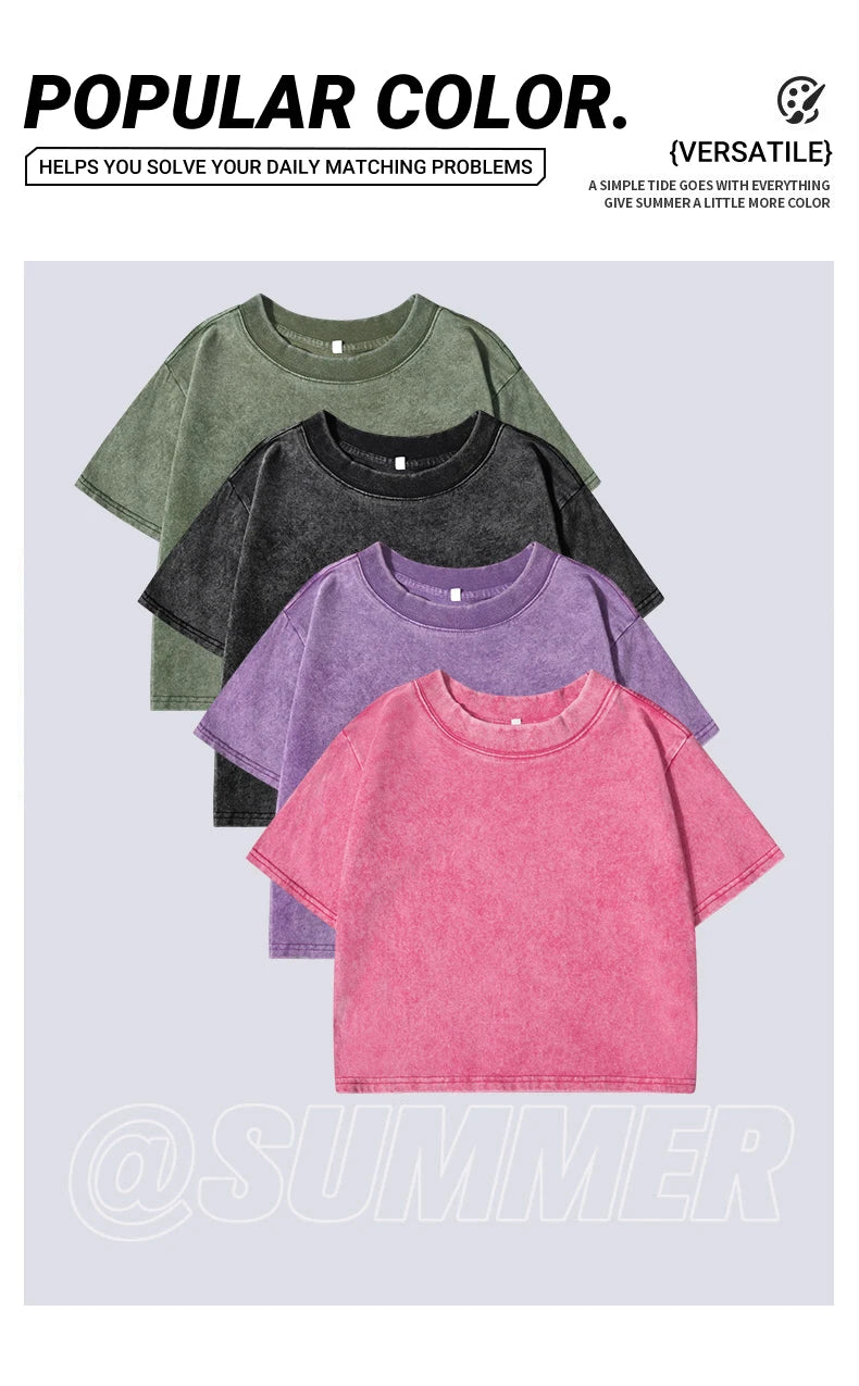 Woman Cotton Washed T-Shirts Street Regular O-Neck Crop Tees Japanese Style Cool Car Puzzle Print Short Sleeve Summer Clothes