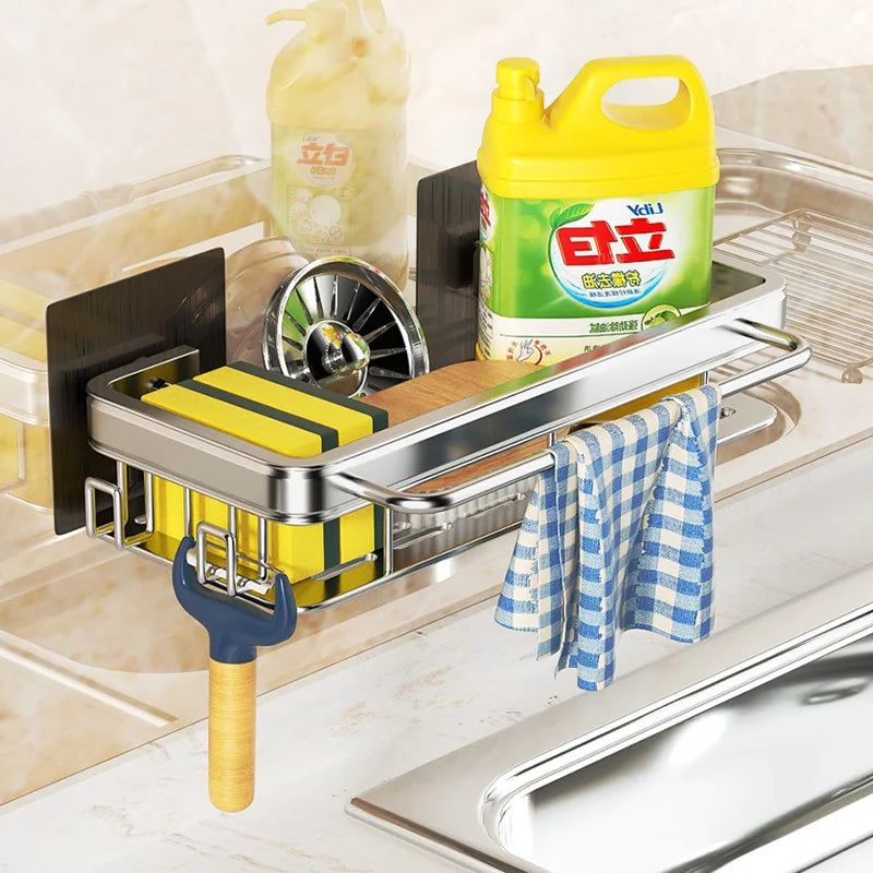 Wallmounted Kitchen Shelf Household Spice Rack Rags Detergent Storage Drainage Rack No Hole Installation Kitchen StorageShelf