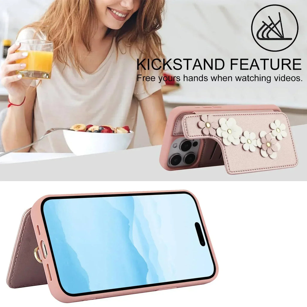 For iPhone 16 15 14 Pro Max Plus Case, Wallet with Card Holder, Cute Flower Design Crossbody Purse, Magnetic Kickstand Cover