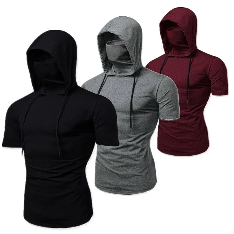 Mens Gym Thin Hoodie Short Sleeve Hoodies With Mask Sweatshirt Casual Splice Large Mask Hoodie Sweatshirt Hooded Tops Cycling