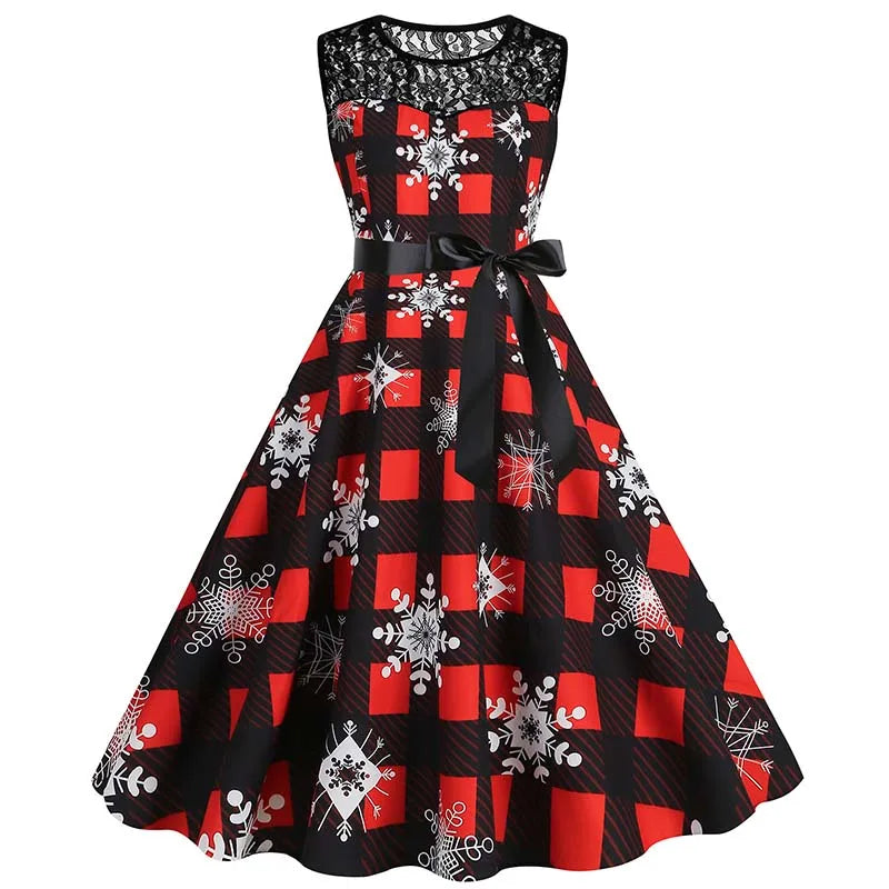 Christmas Dress Women Vintage 50s Lace Sleeveless Print Party A Line Santa Claus Sundress Runway Midi Pinup Flare Dresses