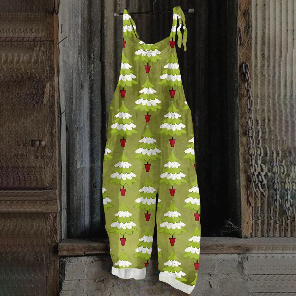 2025 Women's Fashion Christmas Printed Casual Loose Vintage Strappy Jumpsuit Retro Festival Pants New Year Themed Clothing