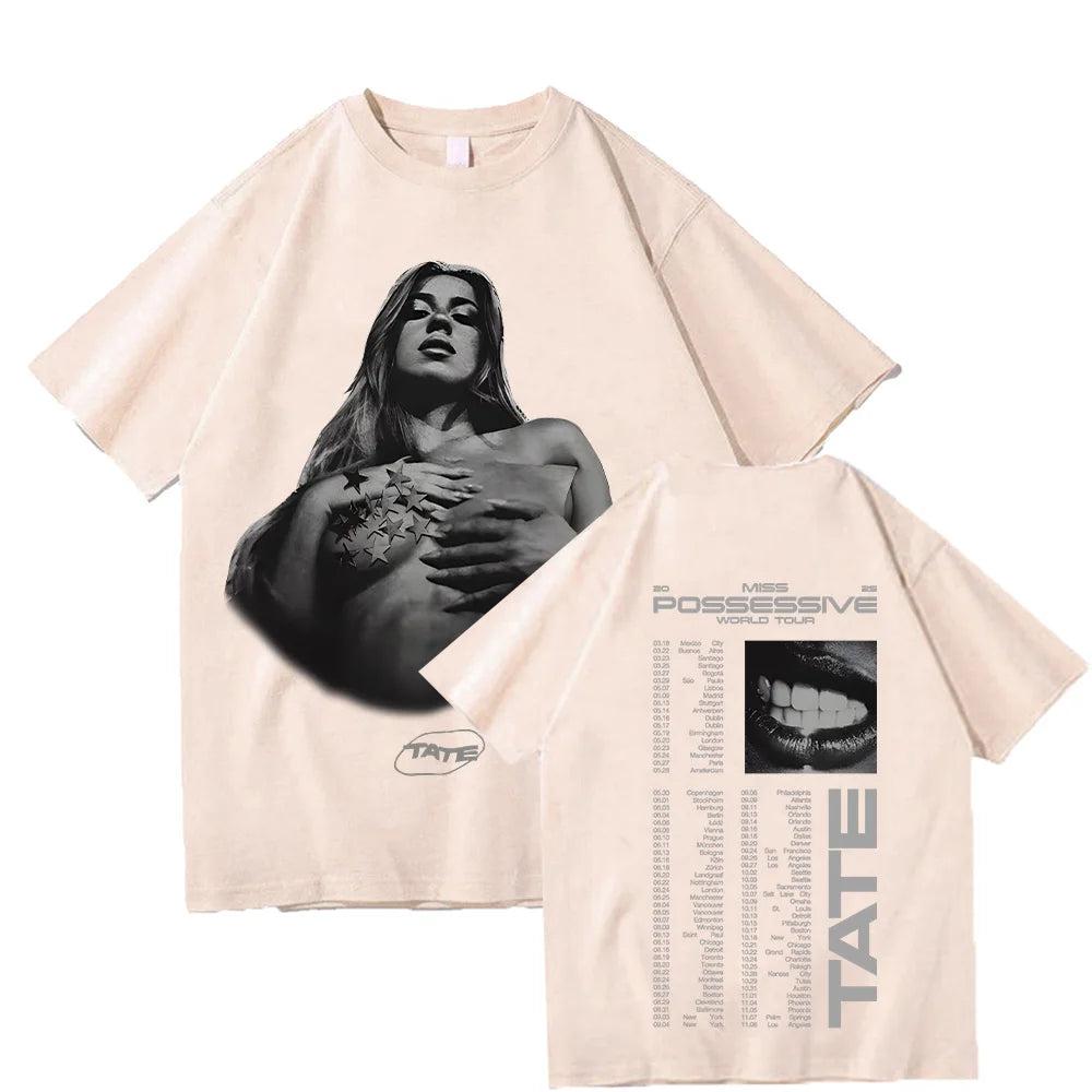 Tate McRae Pose Tour Tee Vintage Graphic T Shirts Miss Possessive 2025 Album Men Women Cotton T-shirt Harajuku Aesthetic Clothes