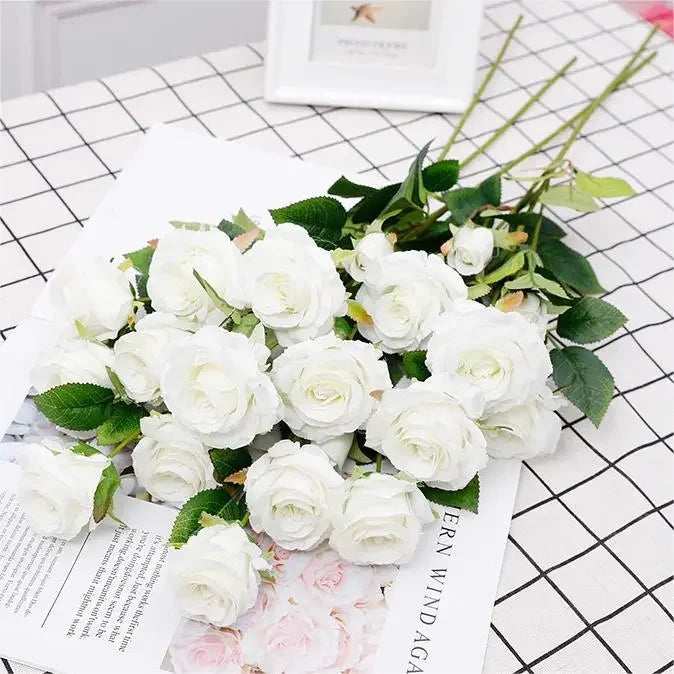 50pcs Artificial Fake Rose Flower Stems For Diy Handmade Bouquet Flower Leaf Vein Wedding Home Decoration