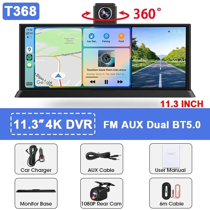 11.3 inch Dashcam 4K 360° Rotating Camera Wireless Carplay Android Auto Dash Cam Video Recorder Dashboard Car DVR FM AUX