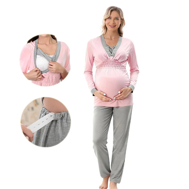 Maternity Clothes Pajamas Postpartum Breastfeeding Nightgown Spring Autumn Sleepwear For Pregnant Women Homewear Set 2PCS