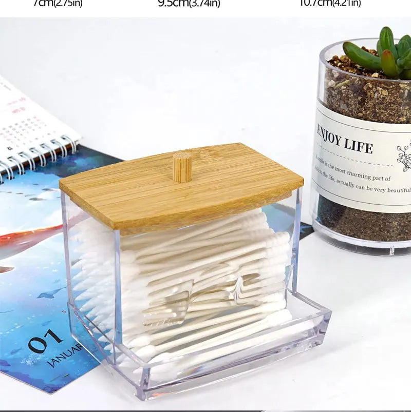 Acrylic Storage Box Bathroom Jar Makeup Organizer Cotton Round Pad Holder Cotton Holder Dispenser with Bamboo Lid Clear Plastic