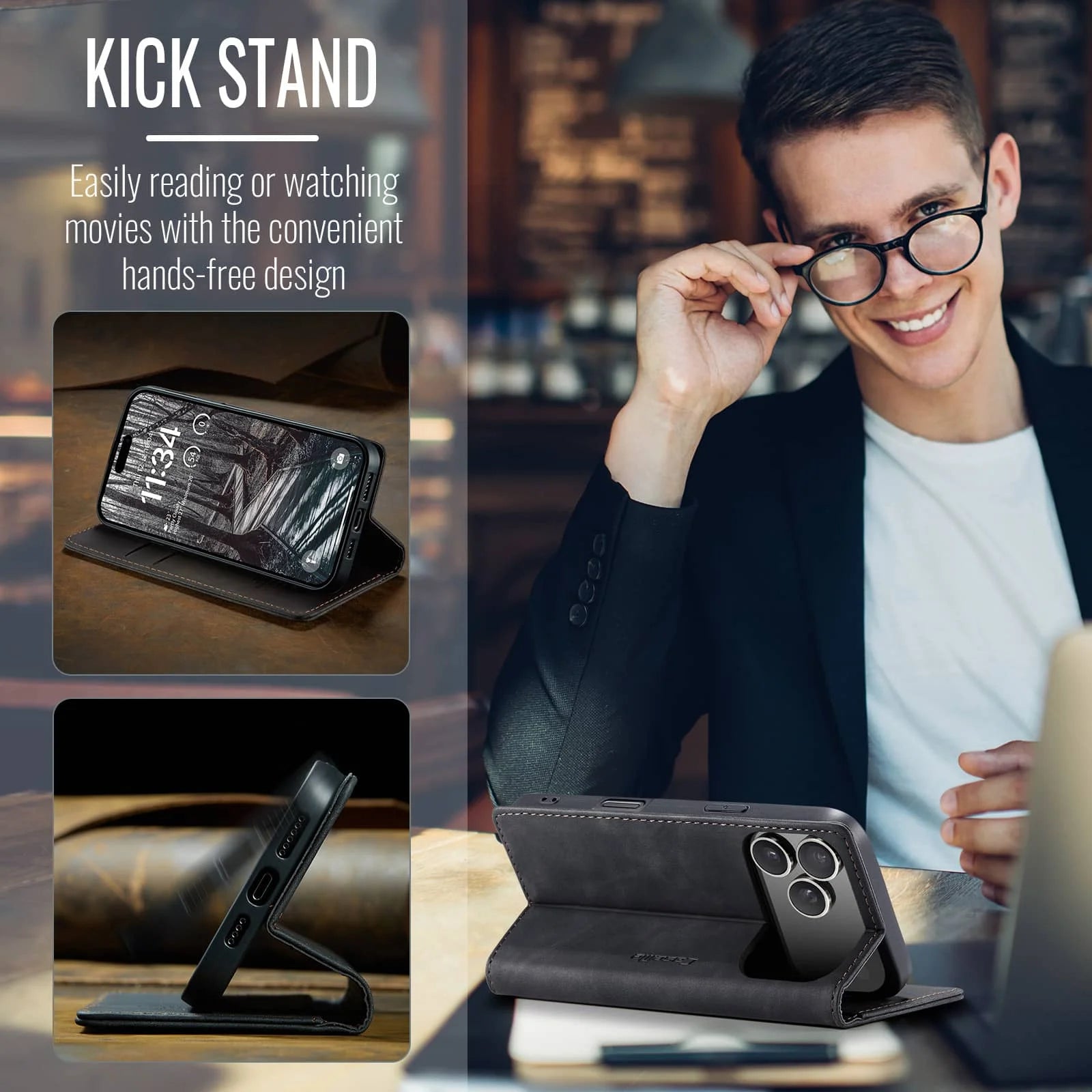 Leather Flip Wallet Case for iPhone 17/17 Pro/17 Pro Max/Air, Magnetic Folio Cover with Card Holder, Shockproof TPU Kickstand