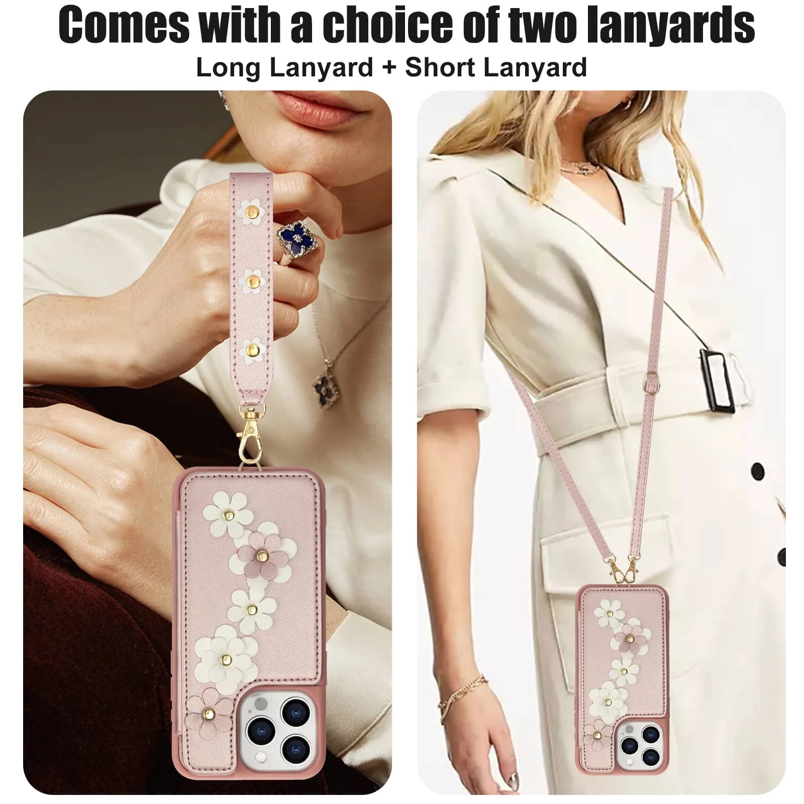 For iPhone 16 15 14 Pro Max Plus Case, Wallet with Card Holder, Cute Flower Design Crossbody Purse, Magnetic Kickstand Cover