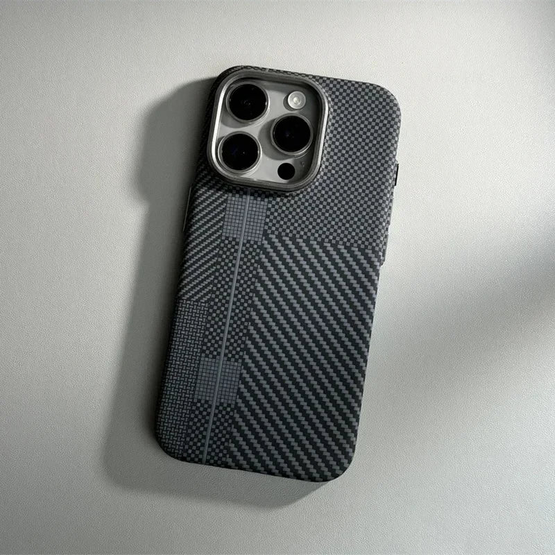 For iPhone 16 15 14 Pro Max Case Carbon Fiber Abstract Geometric MagSafe Cover Magnetic Charging Shell Camera Alloy Armor Fundas