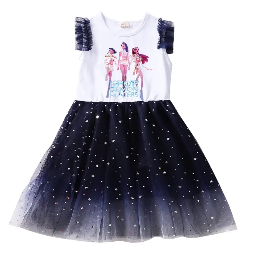 KPop Demon Hunters Clothes Kids Short Sleeve Casual Dress Baby Girls Lace Dress with Small Bag Children Wedding Party Vestidos
