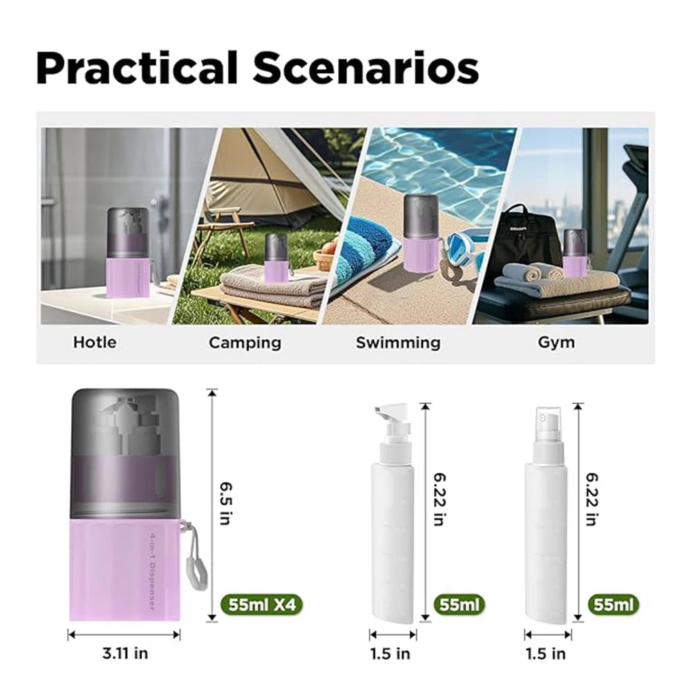 4in1 Travel Dispenser Bottles with Suction Cup, Travel Size Toiletries, Leak Proof Travel Containers for Toiletries