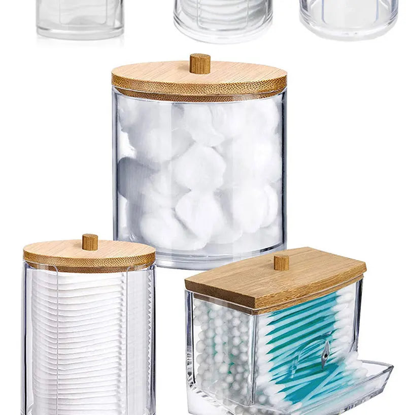 Acrylic Storage Box Bathroom Jar Makeup Organizer Cotton Round Pad Holder Cotton Holder Dispenser with Bamboo Lid Clear Plastic