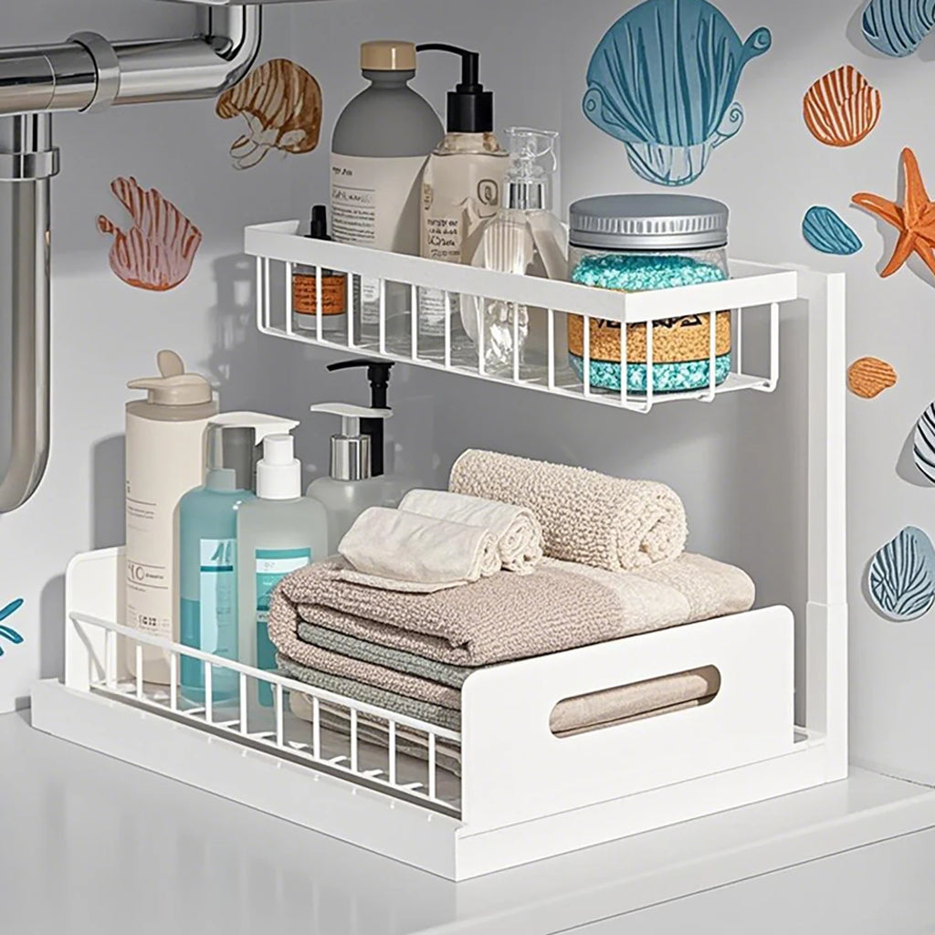 Carbon Steel Kitchen Shelf Double Space Saving Shelves Pull-out Design Countertop/Under Cabinet Dual Use