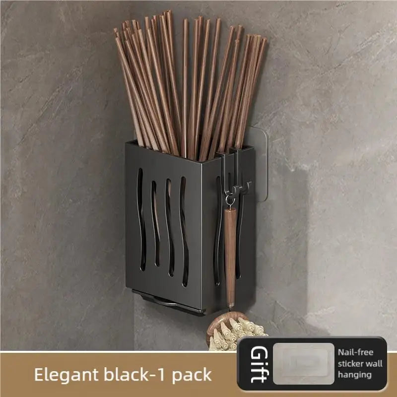 Kitchen Wall Mounted Shelf Multifunctional Chopstick and Spoon Cylinder No Hole Installation Drainage Basket Tableware Storage
