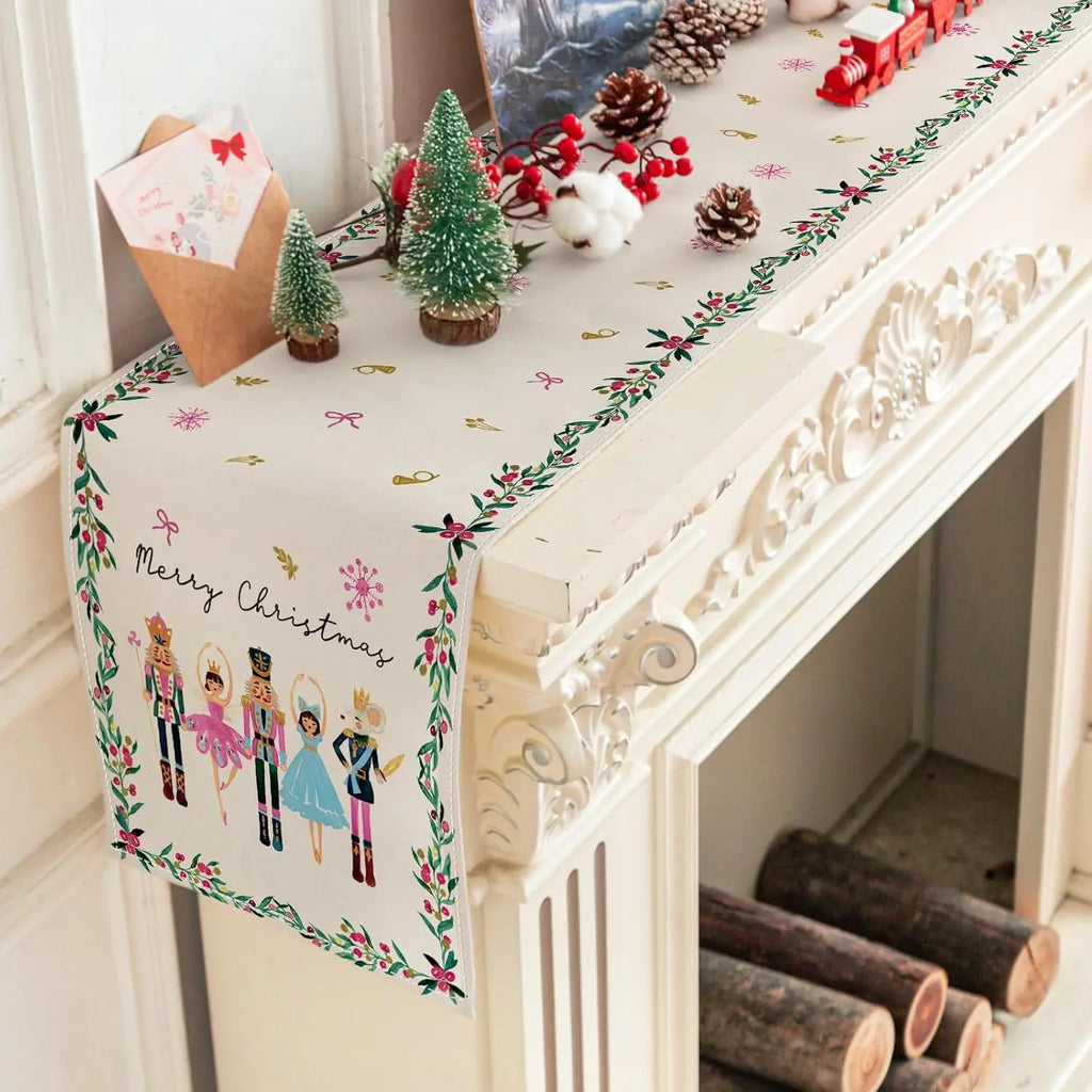 Merry Christmas Nutcrackers Linen Table Runner Holiday Party Decor Winter Xmas Kitchen Dining Table Runner Christmas Decorations