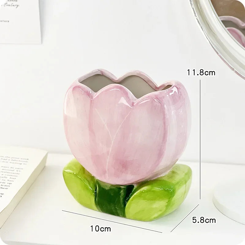 Flower Pen Holder Ceramic Desktop Decoration Desk Office Storage Box Stationery Shelf Storage Tank Living Room Decoration