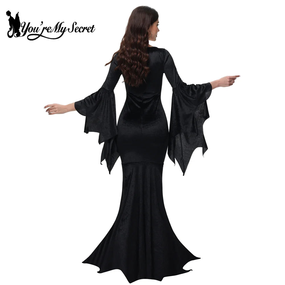 [You're My Secret] Halloween Morticia Adams Primate Black Adams Family Dress Retro Gothic Flared Sleeve Fishtail Dress Vestido