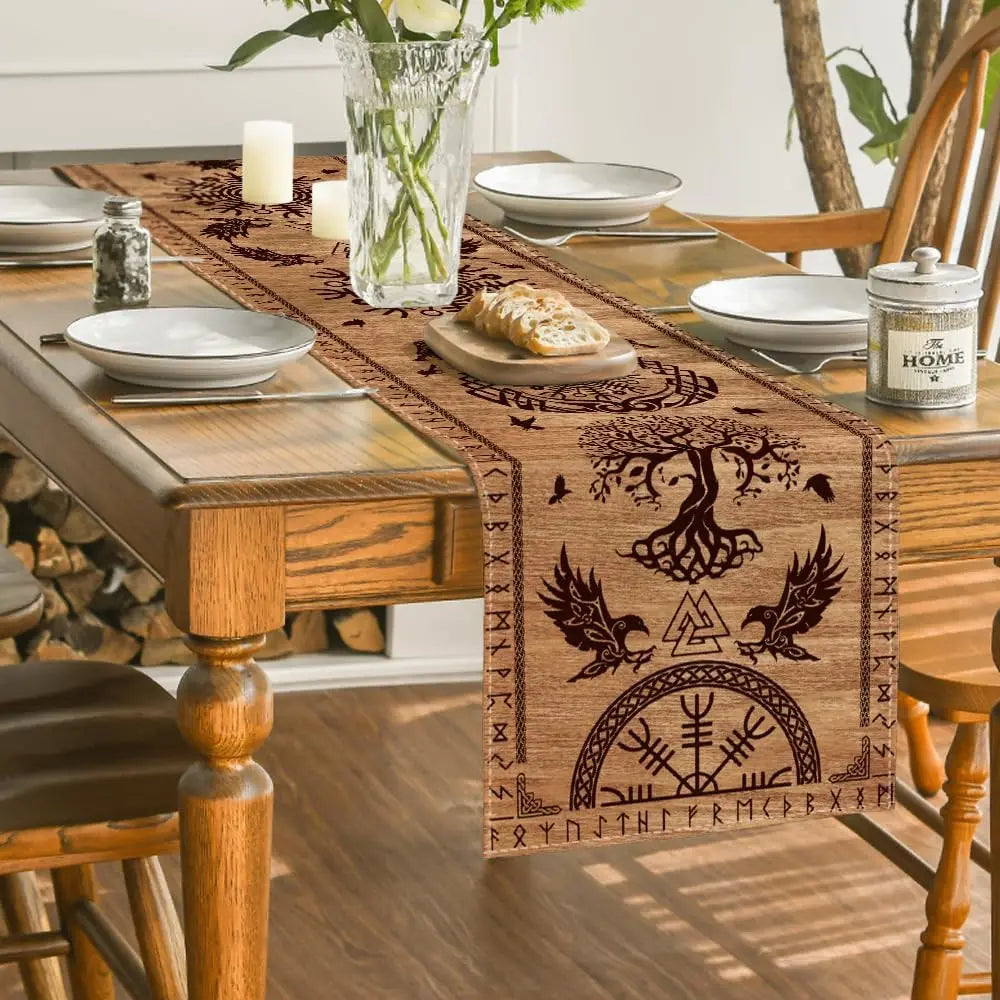 Vintage Viking Raven Helmet of Awe Linen Table Runner Holiday Party Decor Reusable Kitchen Dining Table Runner Viking Decoration