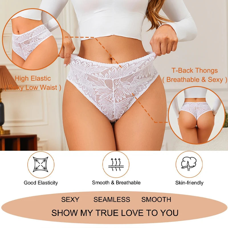 4PCS/Set Women Floral Lace Thongs Sexy Perspective G-String Mid Waist T-back Female Breathable Intimates Brazilian Underwears