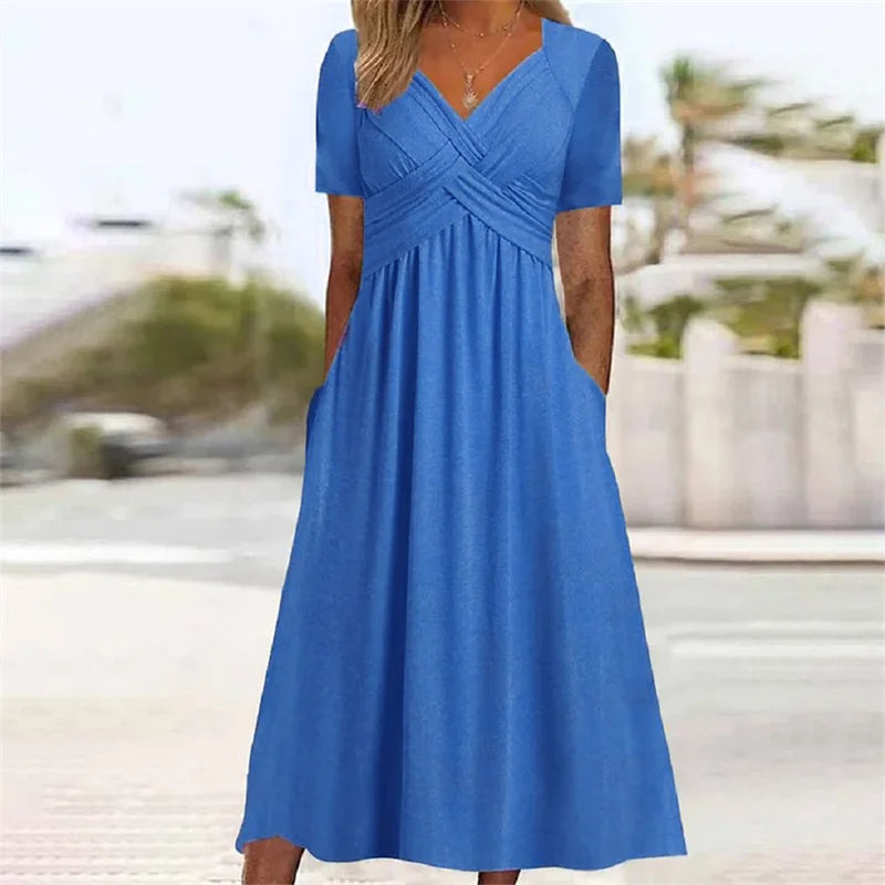 Elegant V Neck Crossover Wrap Bust Dresses Women Solid Color Short Sleeve Dress Summer Female Commuter Side Double Pockets Gown