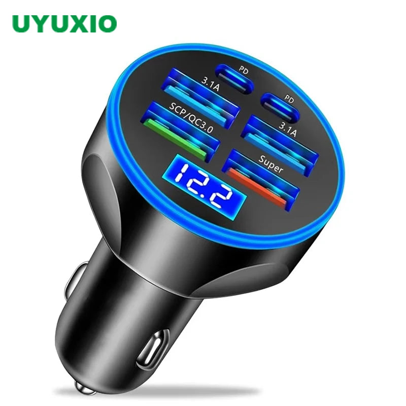 6 in 1 USB C Car Charger Adapter with Voltage Monitor Fast Charging in Car for iPhone Samsung Vivo OPPO Oneplus Mobile Phones